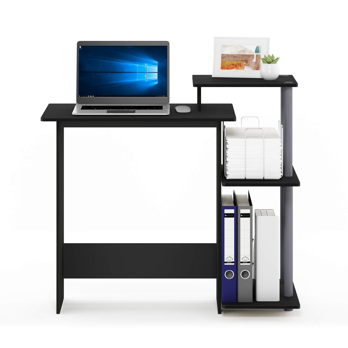 Furinno Efficient Home Laptop Notebook Computer Desk With Square Shelves, Solid Black/Grey
