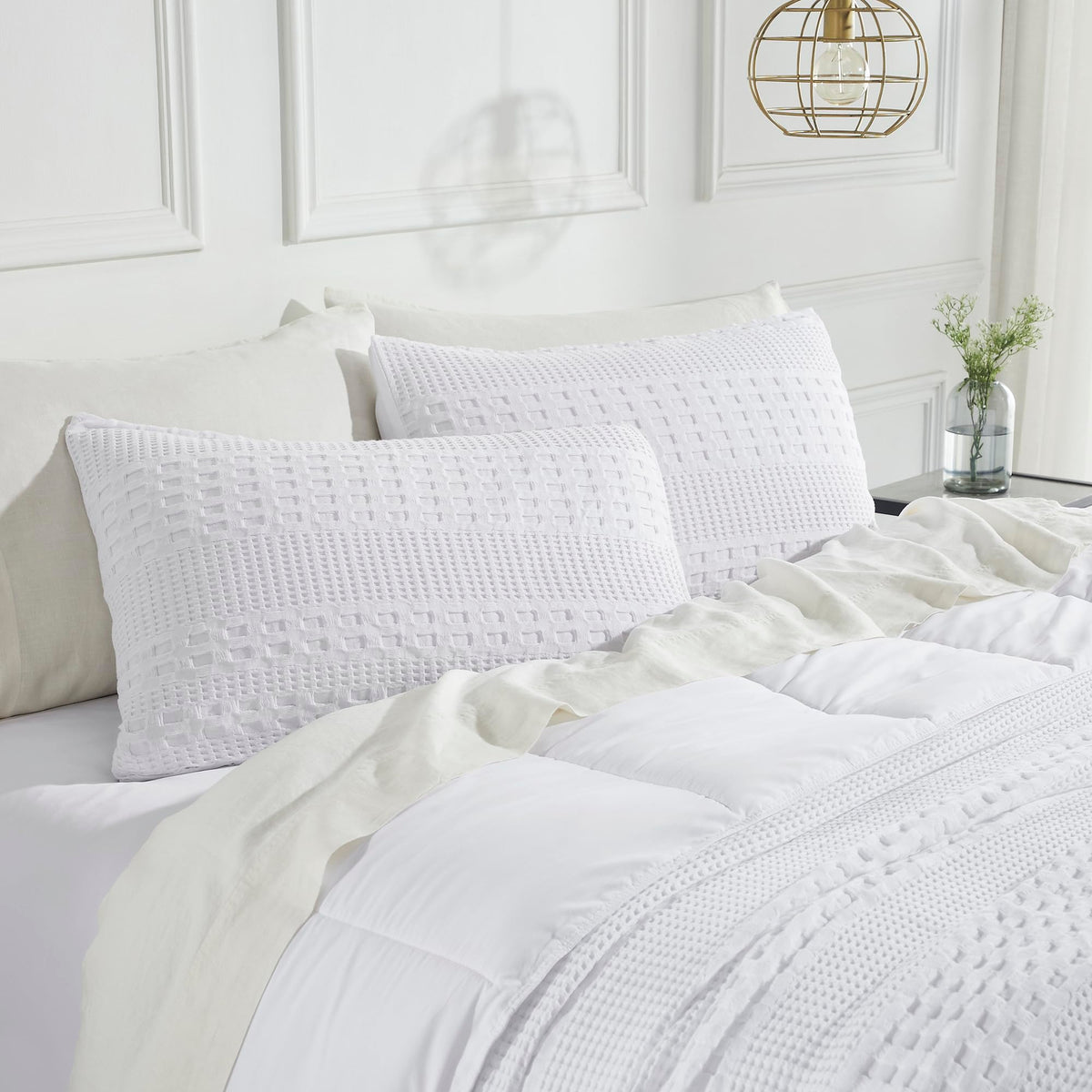 VHC Brands 100% Cotton Waffle Weave White Queen Size Sham Set of 2 20x30, Decorative Throw Pillow Covers/Shams, Boho Farmhouse B