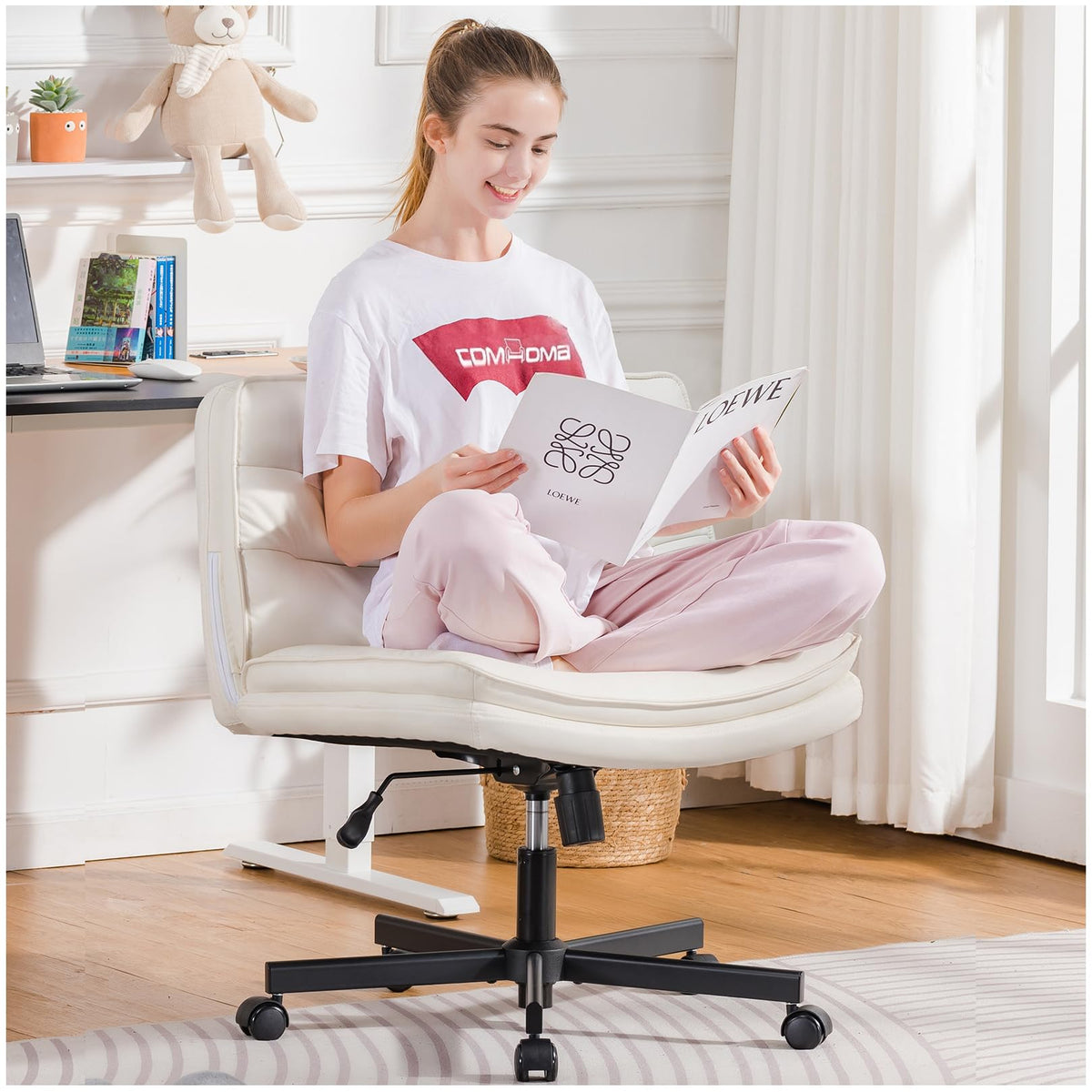 Comhoma Criss Cross Armless Office Chair, Mid Back, Swivel, Beige