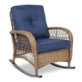 Vivijason Outdoor Wicker Rocking Chair, Patio Rattan Rocker Chair With Cushions & Steel Frame, All-Weather Rocking Lawn Wicker Furniture For Garden Backyard Porch (Navy Blue)