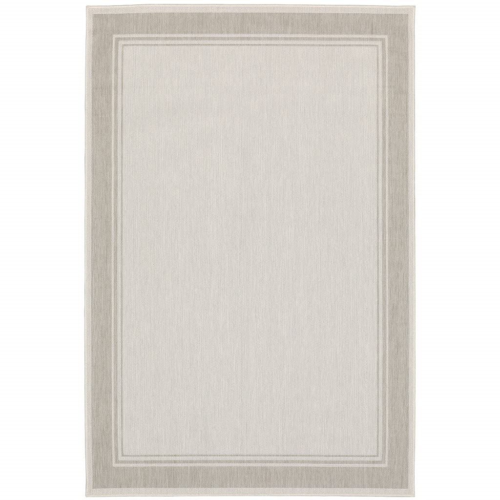 HomeRoots Polypropylene 8’x10’ Ivory and Gray Bordered Indoor Outdoor Area Rug