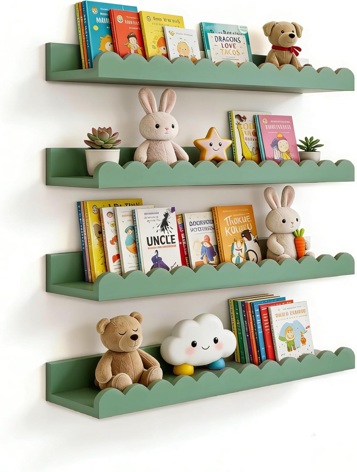WooDintu Scalloped Shelves for Nursery  Wall Book Shelves for Bedroom Kids, Nursery Bookshelf for Wall Set of 4, Floating Book 