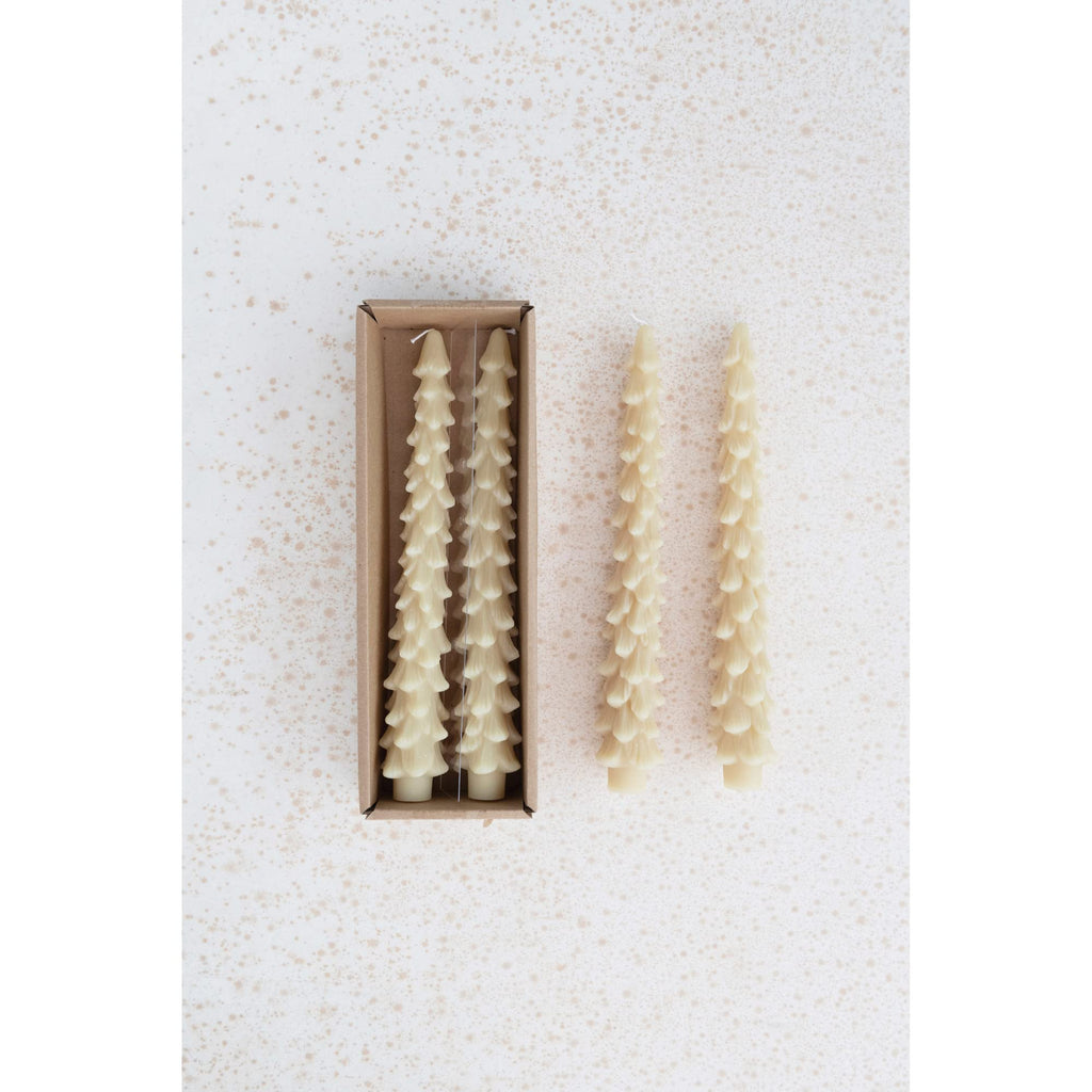 Creative Co-Op Unscented Tree Shaped Taper Candles, Eggnog Beige, Boxed Set Of 2