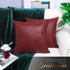 Brawarm Faux Leather Pillow Covers 16 X 16 Inches, Deep Red Leather Pillow Covers Pack Of 2, Crocodile Leather Decorative Throw
