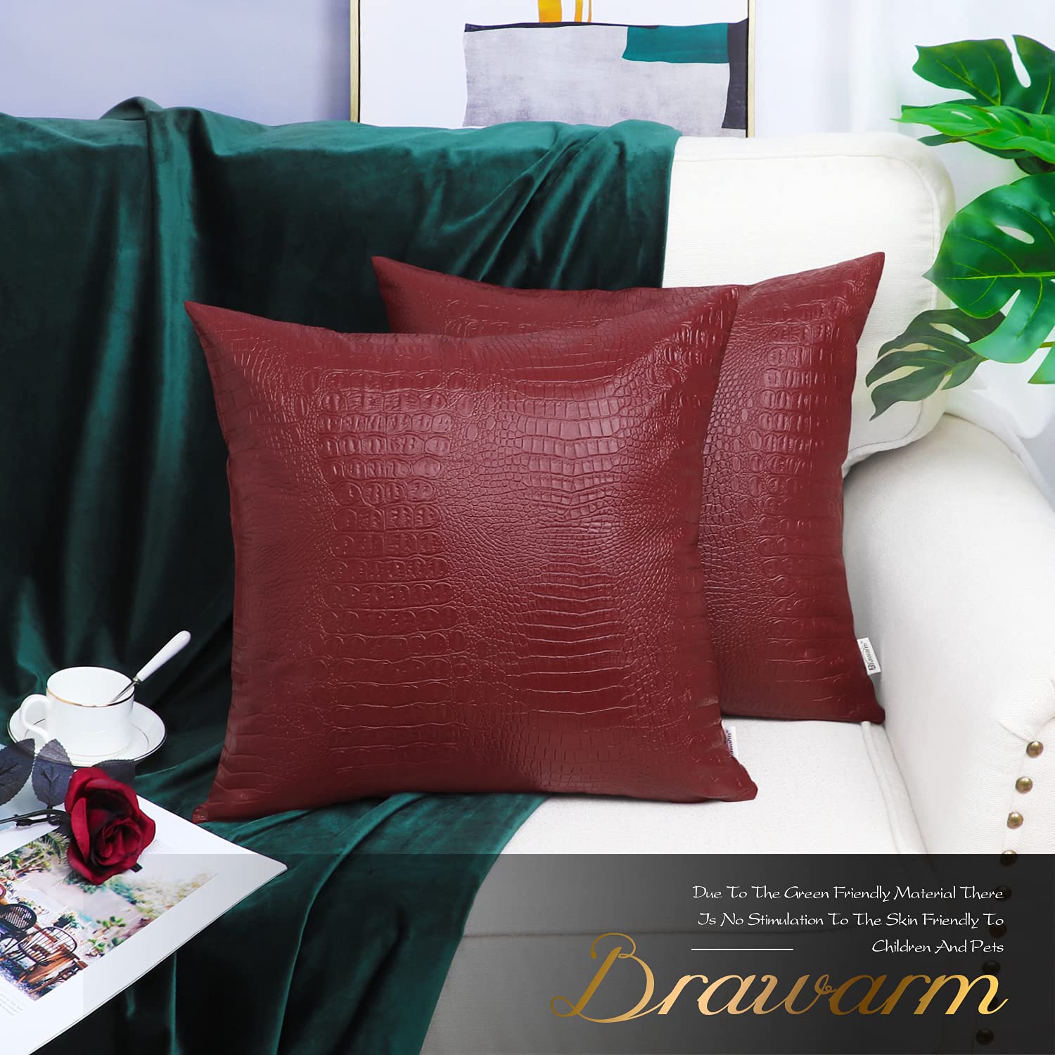 Brawarm Faux Leather Pillow Covers 16 X 16 Inches, Deep Red Leather Pillow Covers Pack Of 2, Crocodile Leather Decorative Throw