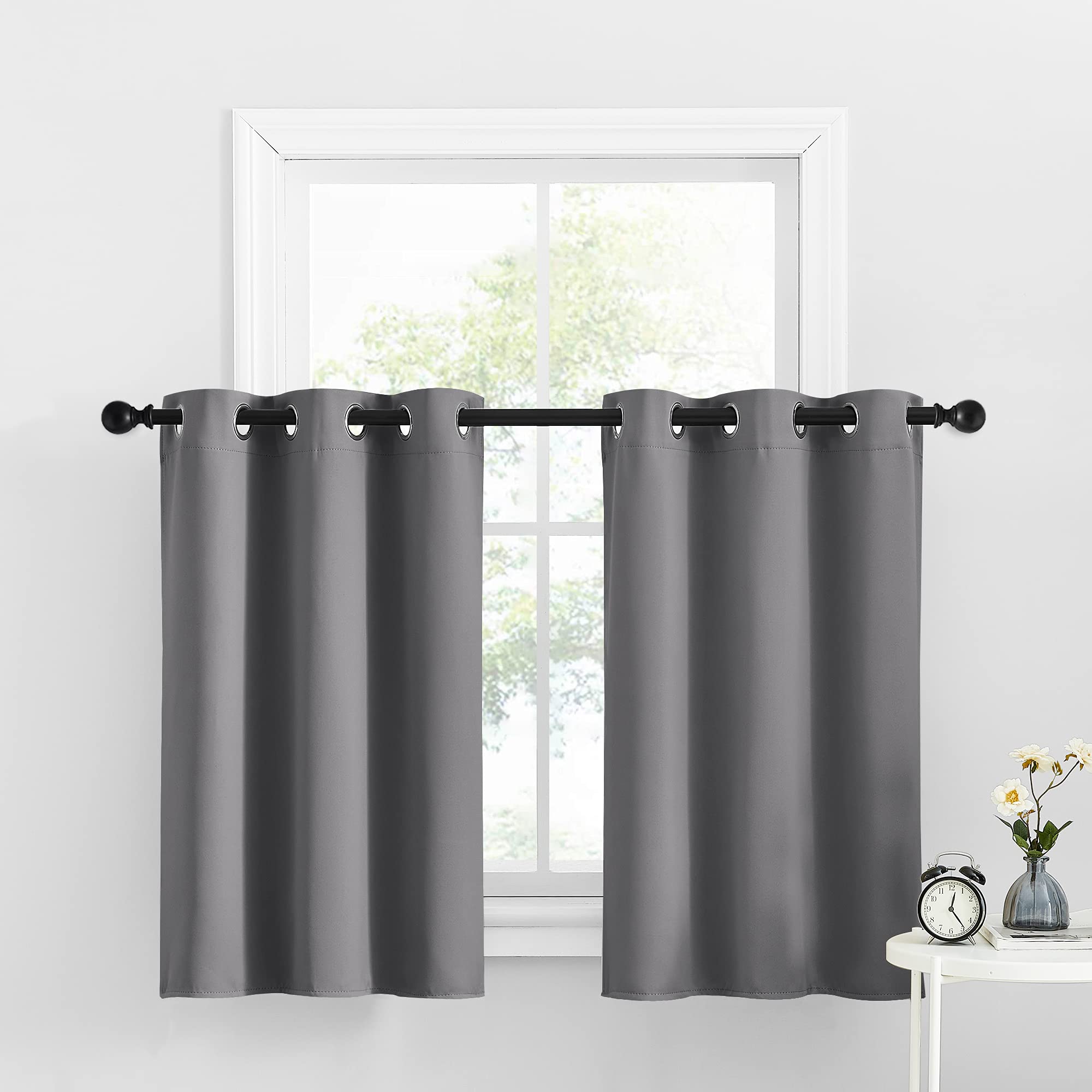 Nicetown Kitchen Curtains Tiers For Small Window, Grey Short Blackout Thermal Insulated Panels With Grommet Top For Living Room/Bedroom/Thanksgiving, Set Of 2, W34 X L36-Inch