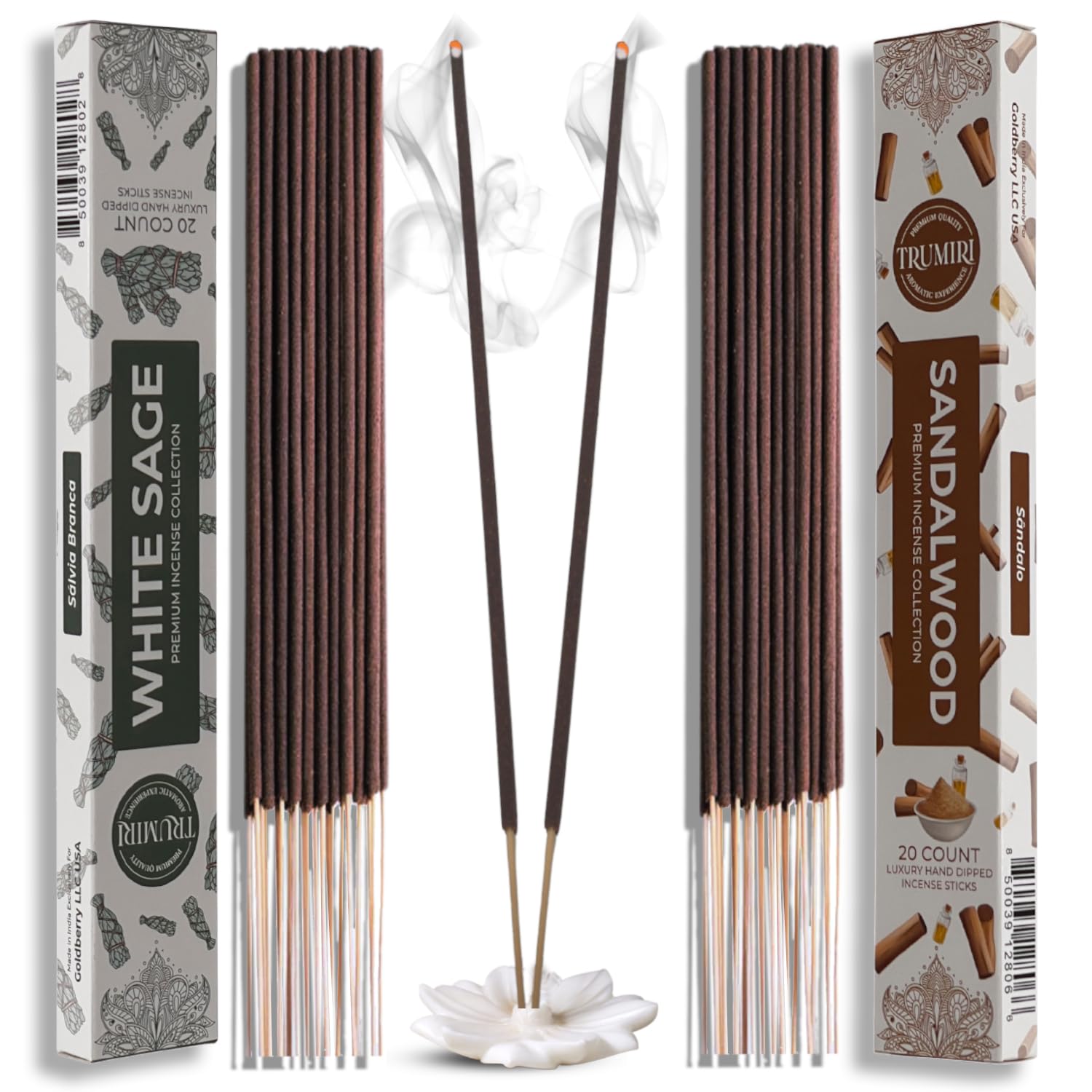 Trumiri Incense Sticks - Combo Pack of 40 Insence-Sticks - 20 White Sage + 20 Sandalwood - Insenses - Insents - Incents - Inscen