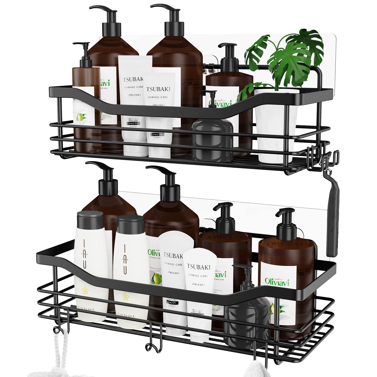 Orimade Adhesive Shower Caddy Shelf with 5 Hooks Organizer Storage Rack Rustproof Wall Mounted Stainless Steel No Drilling for B