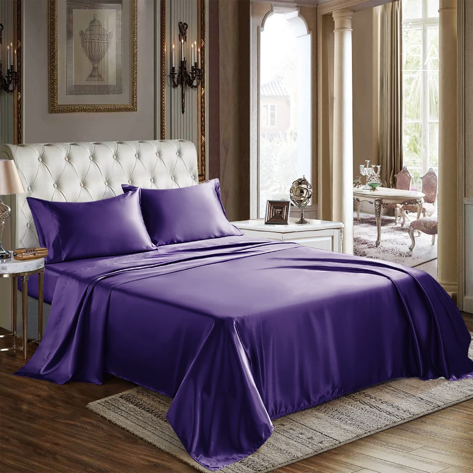 Cozylux Satin Sheets Twin Size - 3 Piece Purple Bed Sheet Set With Silky Microfiber, 1 Deep Pocket Fitted Sheet, 1 Flat Sheet, A