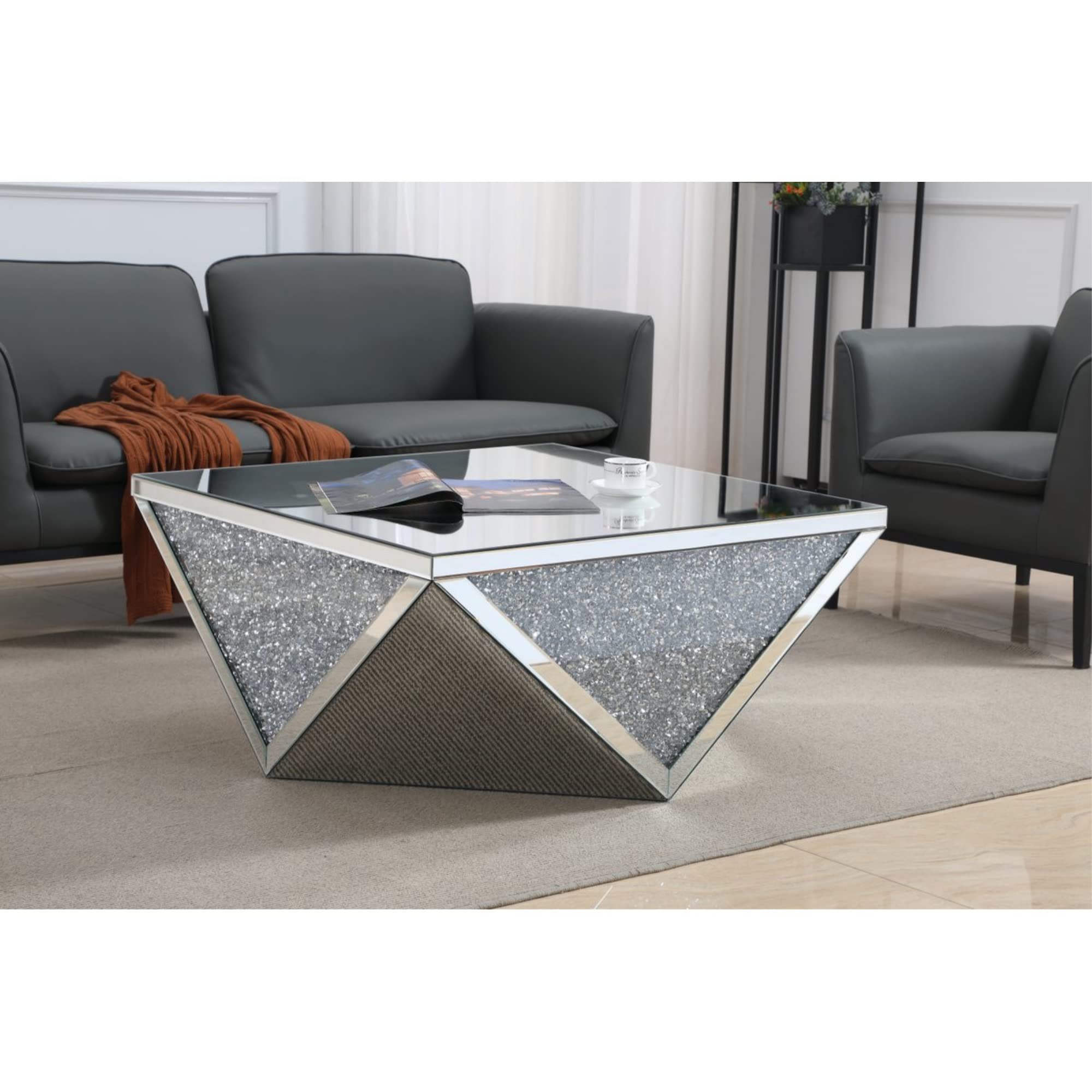 Elegant Decor Modern 38" Square Polygonal Silver Crystal Mirrored Coffee Table