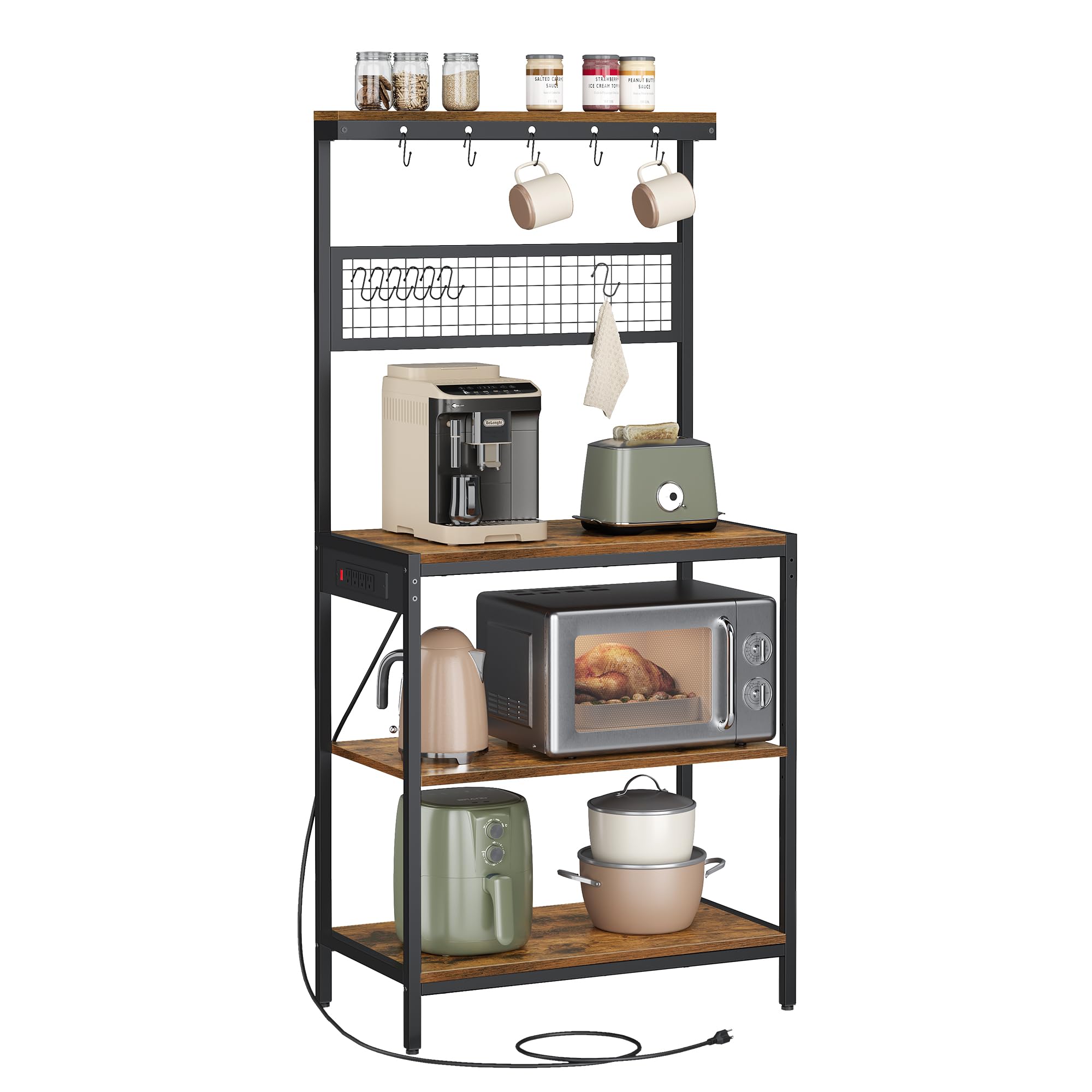 VASAGLE Bakers Rack with Charging Station, 31.5 Inches Coffee Bar Stand with Adjustable Storage Shelf, Grid Panel, 12 Hooks, Tab