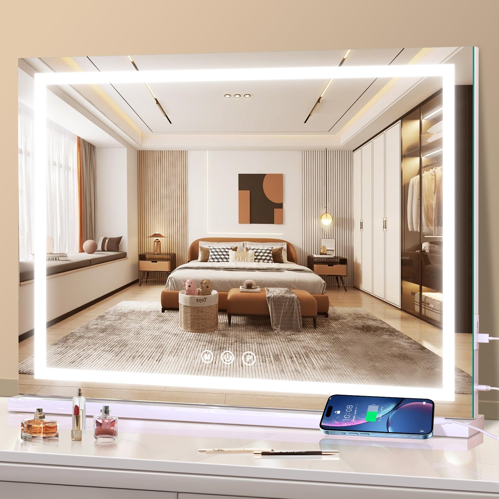 halumao Vanity Mirror with Lights, 31.5 x 23.6 Large Makeup Mirror with LED Lights, Smart Touch Dimmable 3-Color Light, Memory F