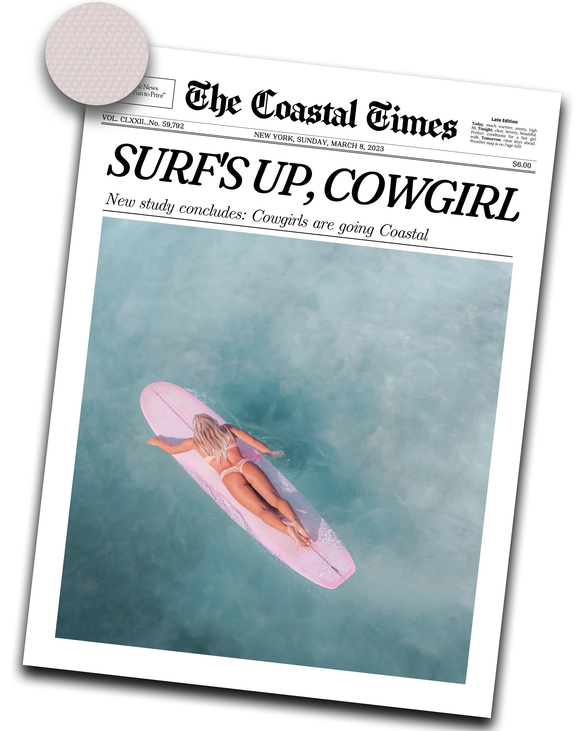 iHery Unframed Coastal Trendy Cowgirl Wall Art Decor, 12x16in Canvas Newspaper Retro Print,Surfer New York News,Coastal Prints W