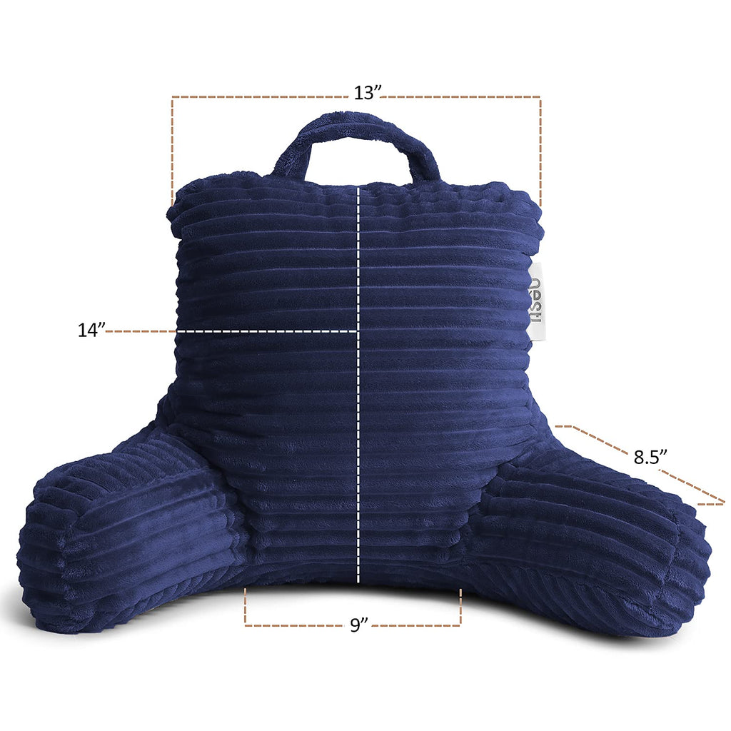 Nestl Cut Plush Striped Reading Pillow For Kids & Teens, Small Back Pillow, Back Support Pillow, Shredded Memory Foam Bed Rest Pillow With Arms, Navy Blue