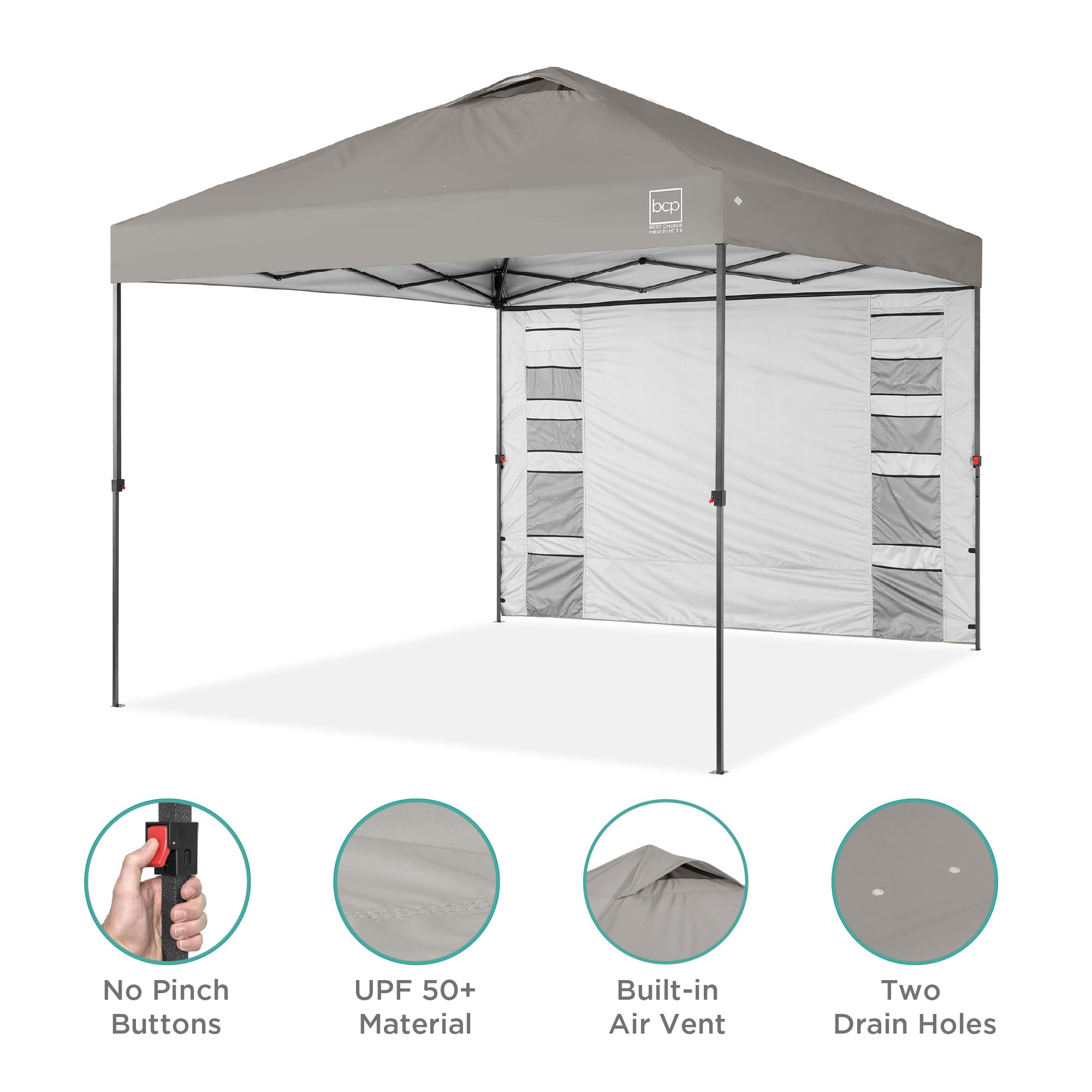 Best Choice Products 10X10Ft Easy Pop Up Canopy W/Side Wall, 10 Pockets, Portable Carrying Case, 1-Button Setup, 4 Weight Bags - Light Gray