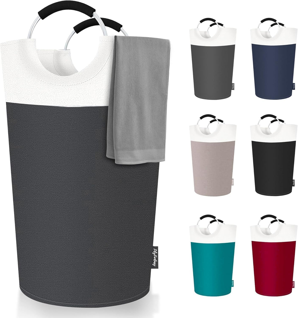 90L Large Laundry Basket, Collapsible Laundry Bag, Freestanding Tall Clothes Hamper, Foldable Washing Bin (White & Gray)