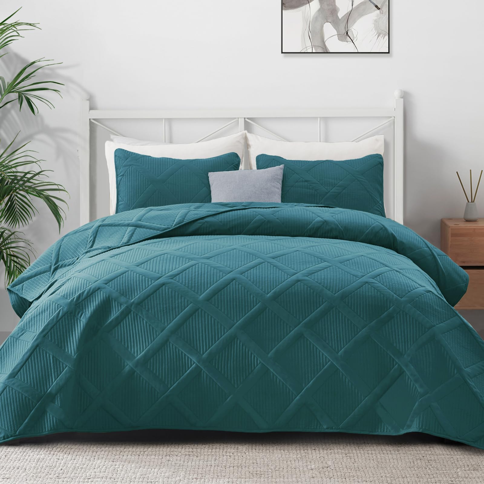 Exclusivo Mezcla Quilt Set Oversized King Size, 3 Pieces Teal Cal King Quilt Bedding Set, Lightweight Quilts Soft Bedspreads Mod