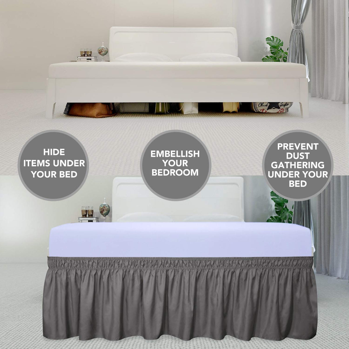 Purefit Wrap Around Ruffled Bed Skirt With Adjustable Elastic Belt - 18 Inch Drop Easy To Put On, Wrinkle Free Bedskirt Dust Ruffles, Bed Frame Cover For Twin,Twin Xl And Full Size Beds, Dark Gray