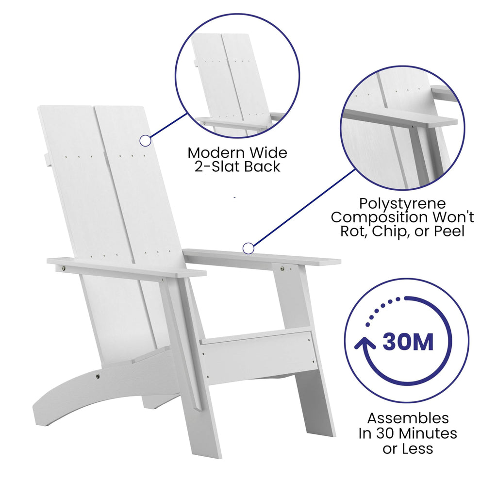 Flash Furniture Sawyer Modern Commercial 2-Slat Back Adirondack Chair - White Commercial All-Weather Poly Resin Lounge Chair