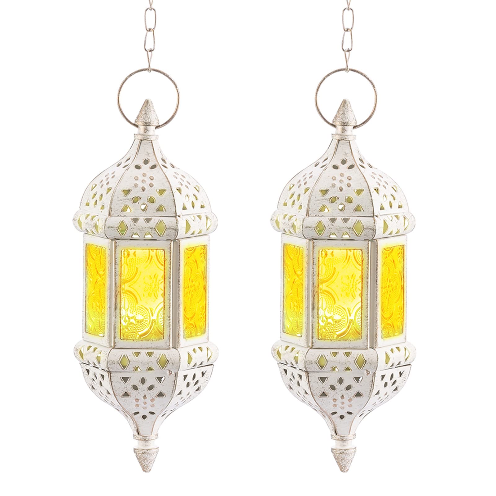 2 Pcs Moroccan Lantern Metalwork Hanging Tealight Candle Holder Metal Glass Indoor Outdoor Battery Operated LED Flameless with 1