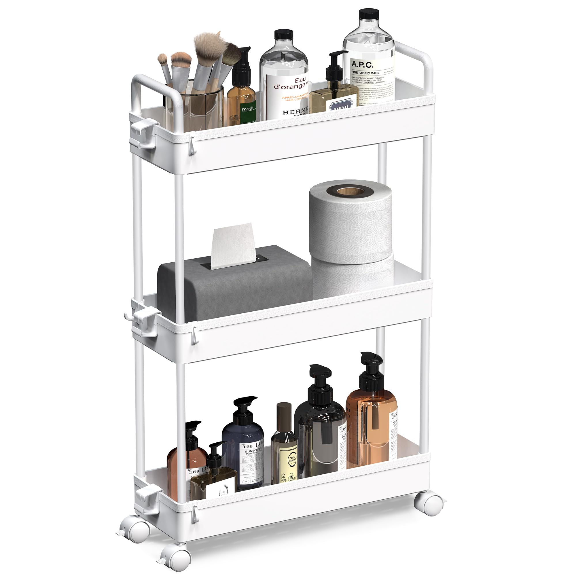 SOLEJAZZ 3 Tier Storage Cart Sliding and Sliding Mobile Storage Cart for Kitchen, Bathroom, Laundry Room, Bedroom, Narrow Space,