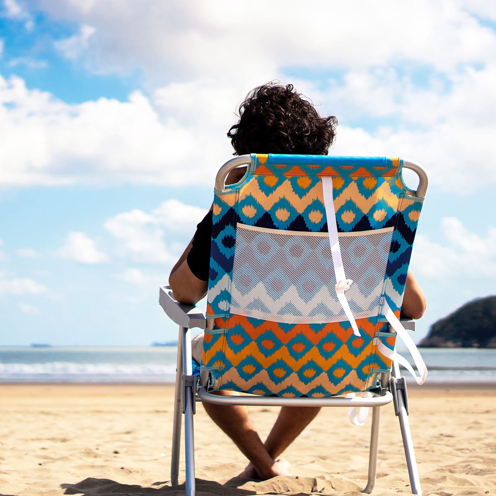 SUNNYFEEL Folding Beach Chair 5-Position Lay Flat Aluminum Blue Wave Extra Wide
