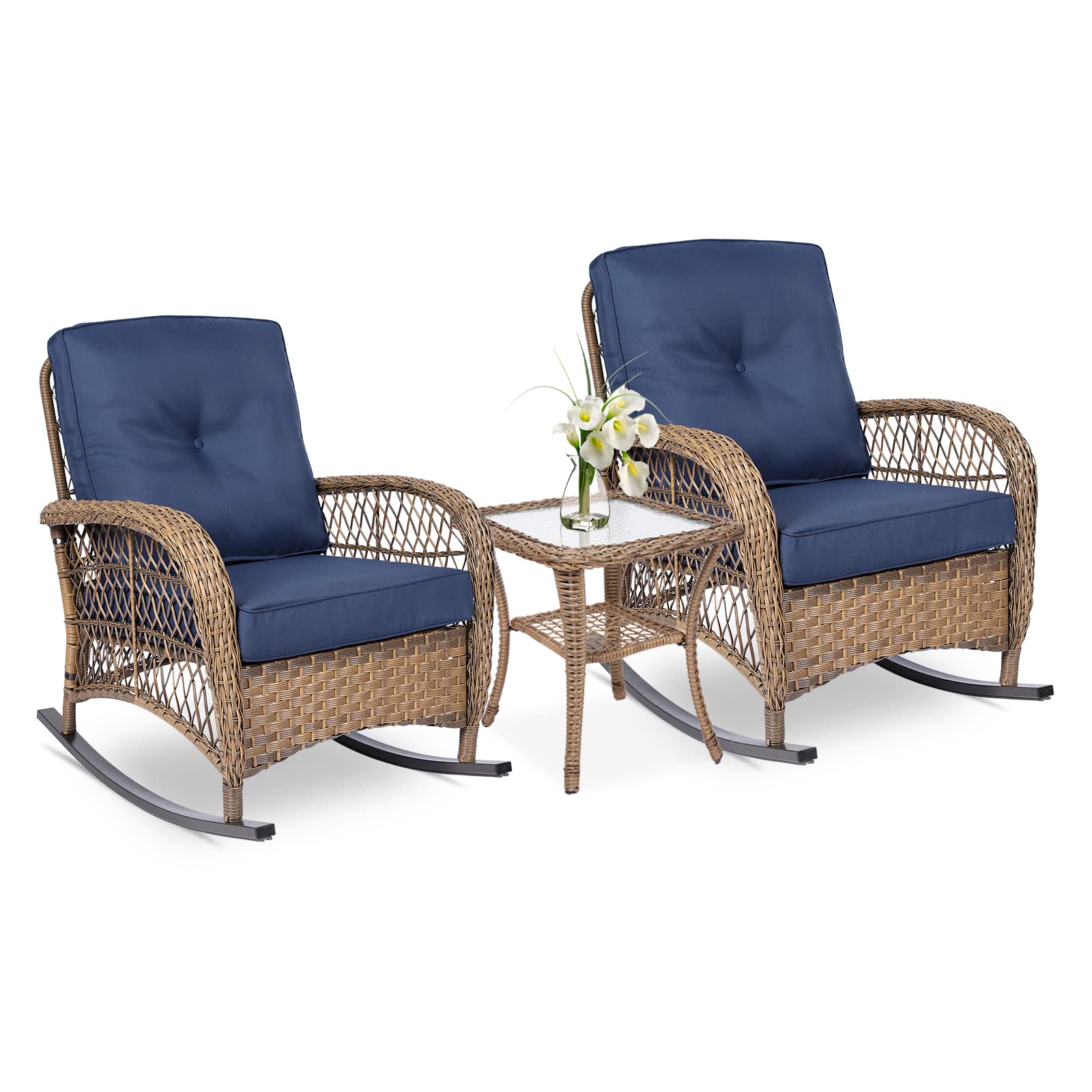Vivijason 3-Piece Outdoor Conversation Bistro Set, Patio Wicker Rocking Chairs Rattan Furniture Sets W/ 2 Rattan Chairs, Cushions, Glass Top Side Table For Garden Porch Backyard (Navy Blue)