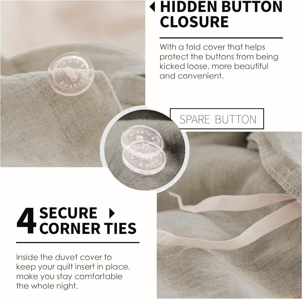 Simple&Opulence 100% Linen Duvet Cover Set With Washed-French Flax-3 Pieces Solid Color Basic Style Bedding Set-Breathable Soft
