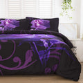 Wongs Bedding Purple Comforter Set King Reversible Purple Rose Pattern Bedding Comforter With 2 Pillowcases For All Seasons, Sof