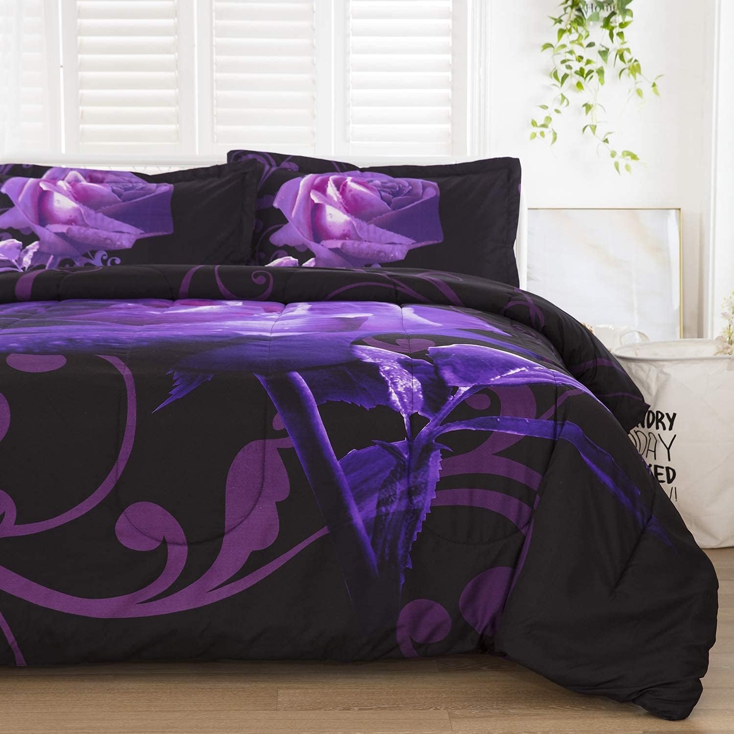 Wongs Bedding Purple Comforter Set King Reversible Purple Rose Pattern Bedding Comforter With 2 Pillowcases For All Seasons, Sof