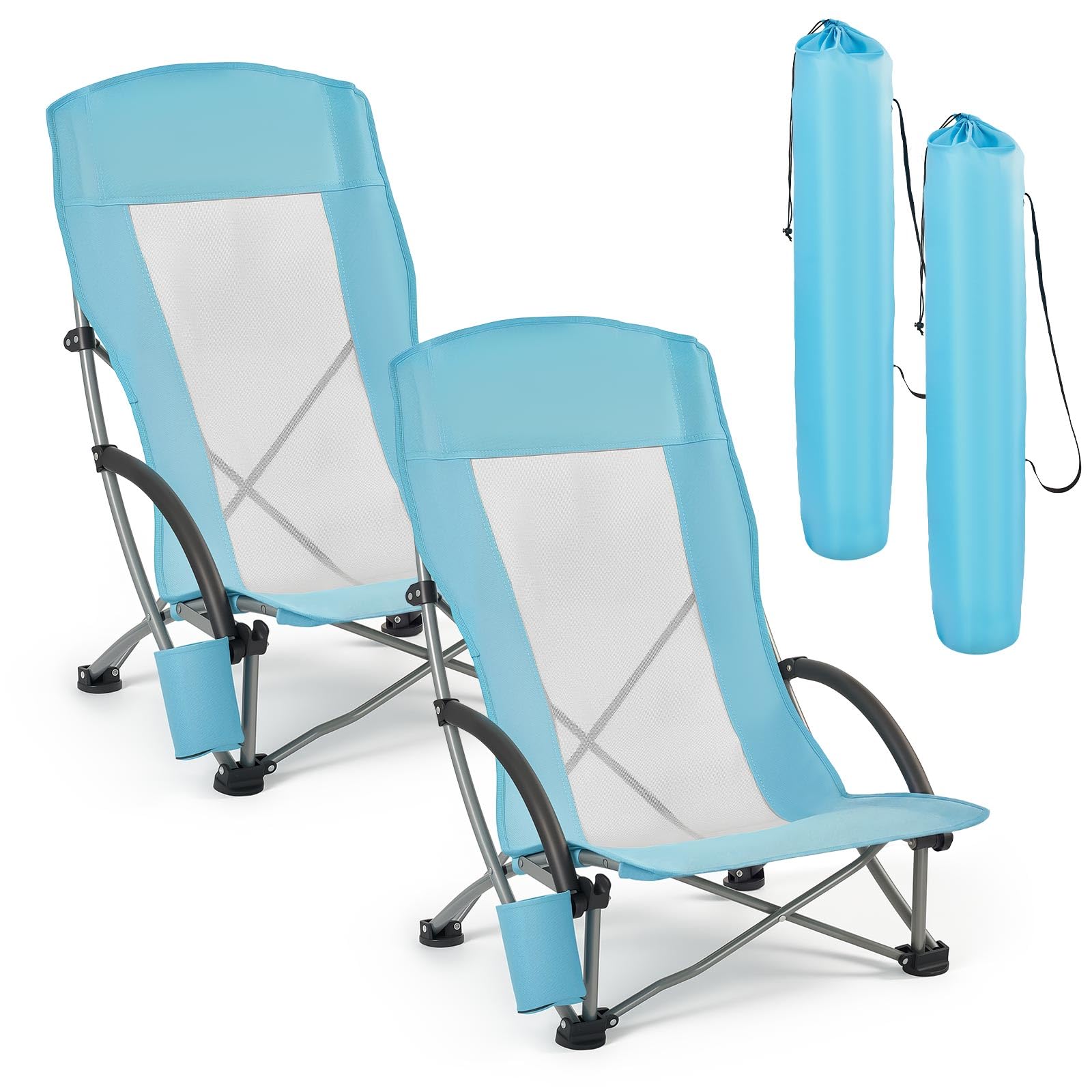 VEVOR Folding Beach Chair, High Back Camping Chairs for Adults, with Cup Pocket, Mesh Back, Carry Bag, Portable Extra Wide Seat 