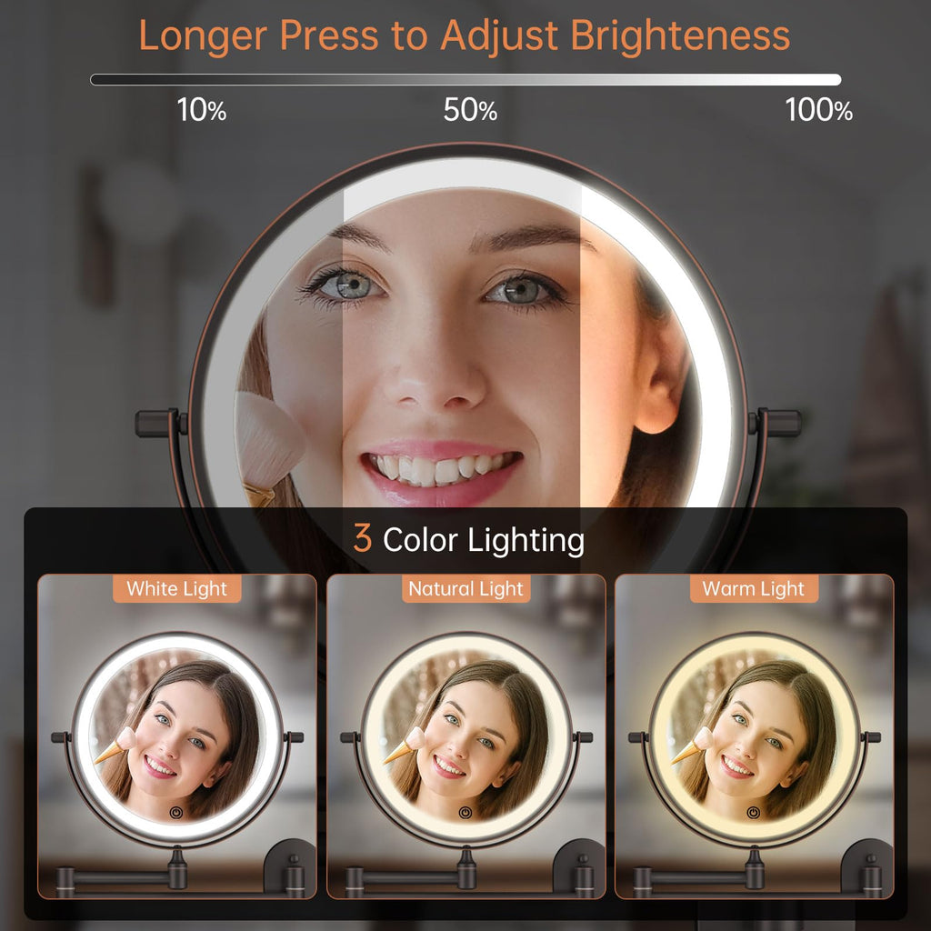 Rechargeable Wall Mounted Lighted Makeup Vanity Mirror 8 Inch Double Sided 1X 10X Magnifying Bathroom Mirror, 3 Color Lighting,