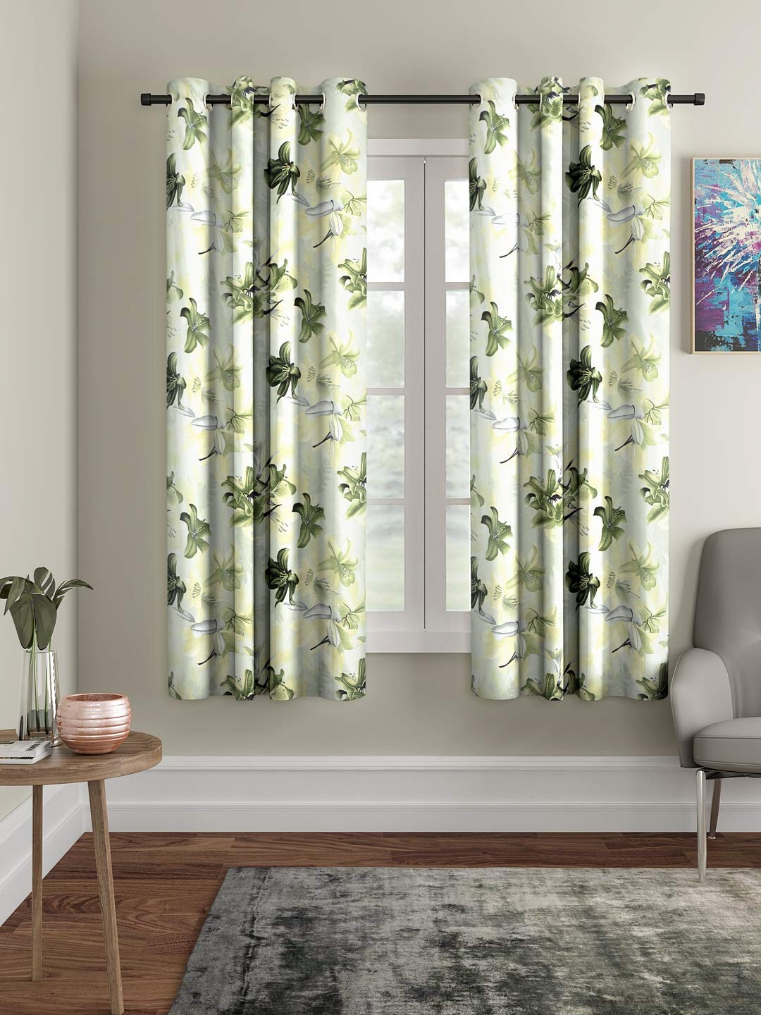 Home Sizzler 2 Pieces 3D Flower Eyelet Polyester Window Curtains  5 Feet, Green | SemiSheer