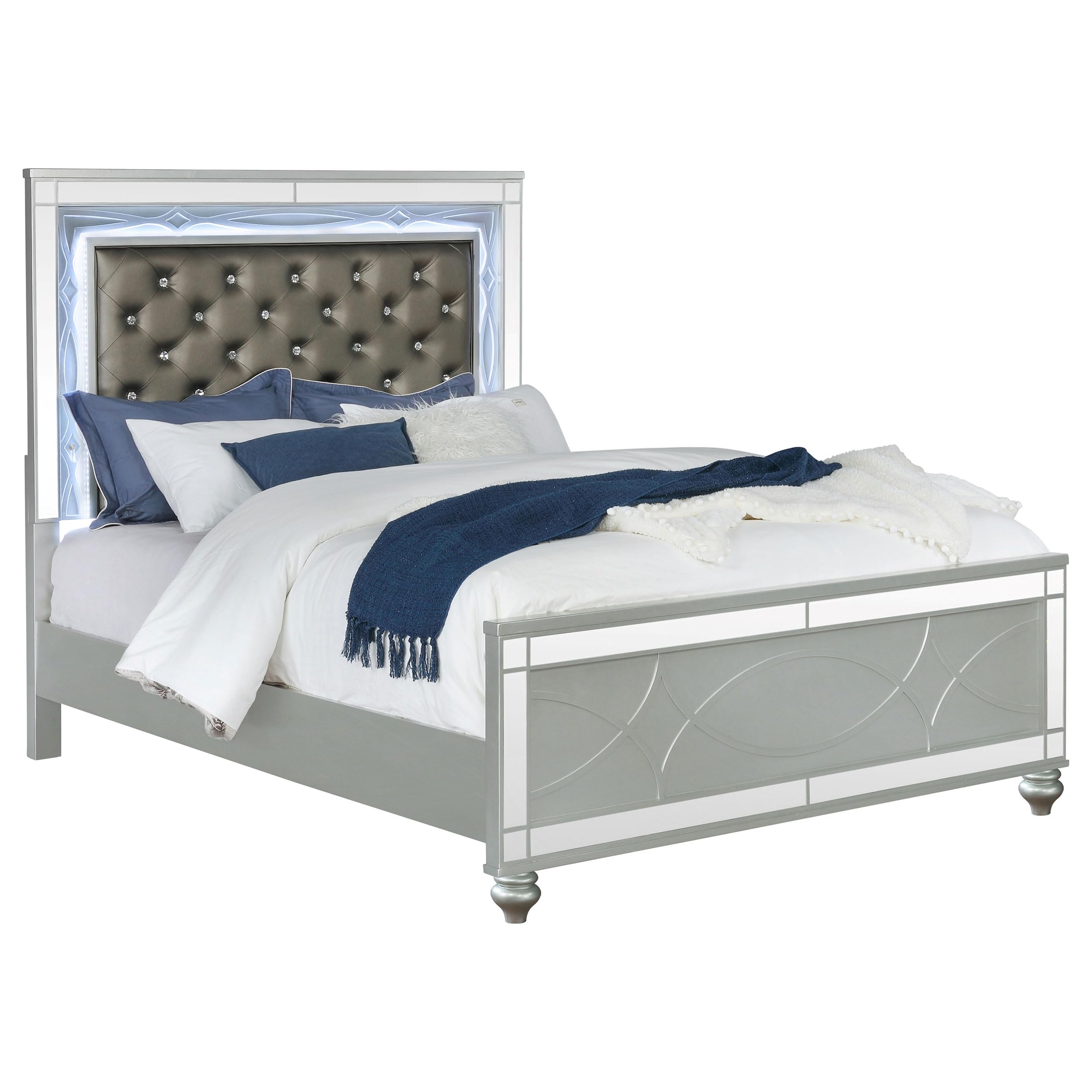 Coaster Home Furnishings Gunnison Modern Classic Leatherette Upholstered California King Size LED Panel Bed Frame 63-inch Headboard Silver Metallic 223211KW