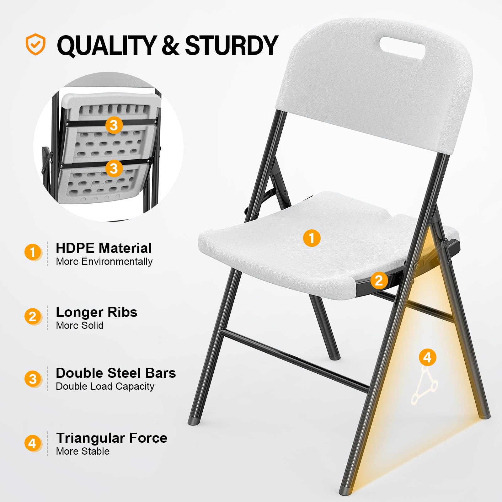 Vingli Folding Chairs, Heavy Duty Foldable Chair Portable Hdpe Plastic Seat With Steel Frame For Indoor Outdoor Dinning Party Wedding School Use, White, 4 Pack