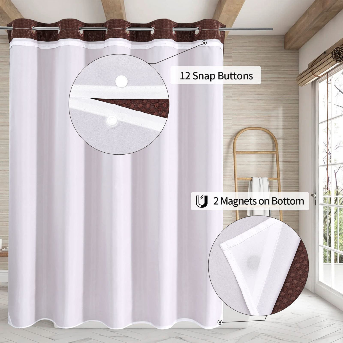 Mitovilla No Hooks Required Extra Long Shower Curtain Set With Snap-In Liner, 86 Inch Xl Brown Waffle Heavyweight Fabric Cloth S