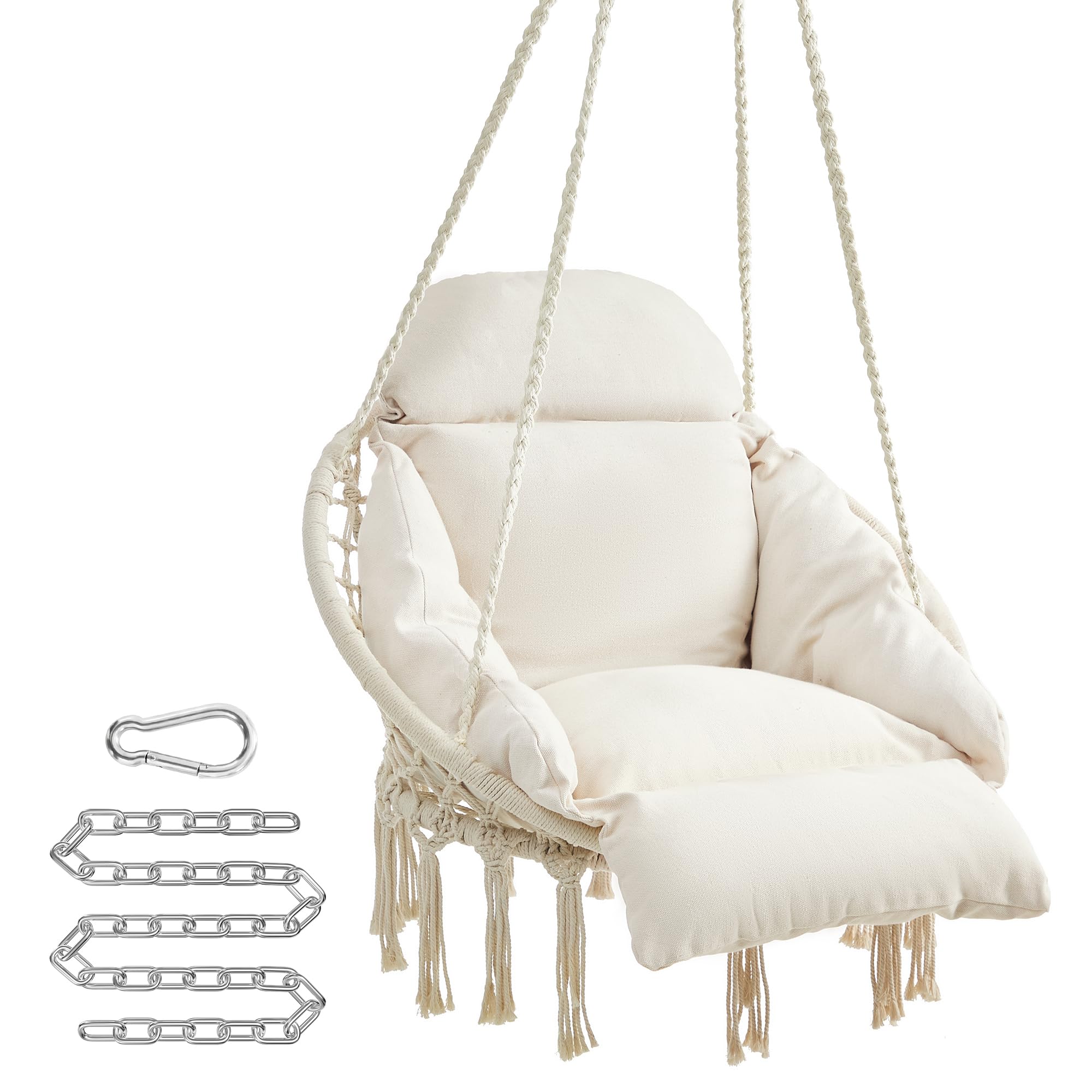 Songmics Hanging Chair, Hammock Chair With Large, Thick Cushion, Boho Swing Chair For Bedroom, Patio, Balcony, Garden, Holds Up To 264 Lb, Accessories Included, Cream White Ugdc042M01