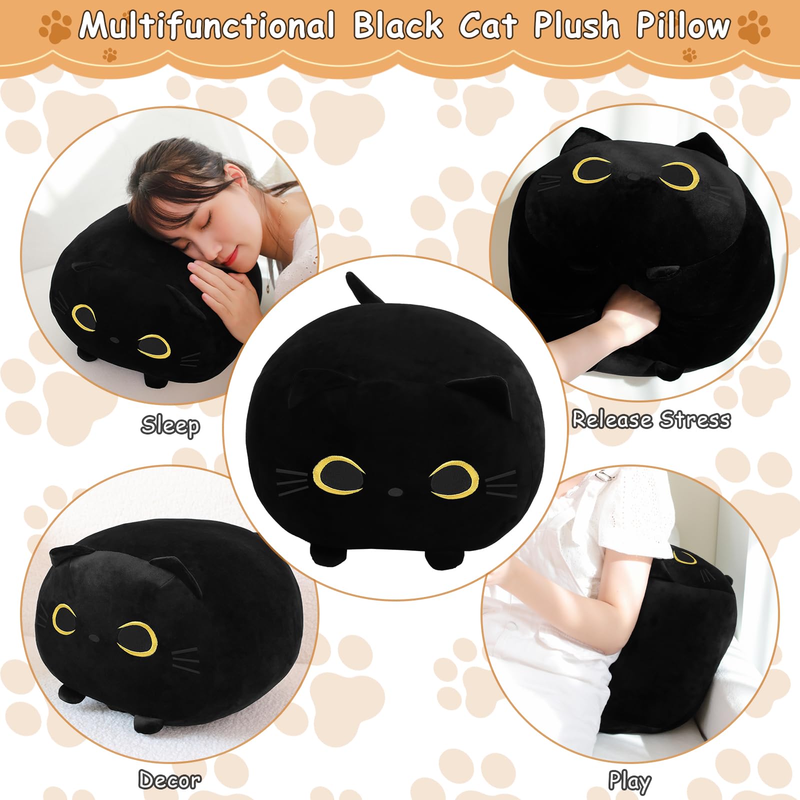 TOYSYM Black Cat Plush Toy with 4 Babies, Soft Cotton Hugging Pillow, Black