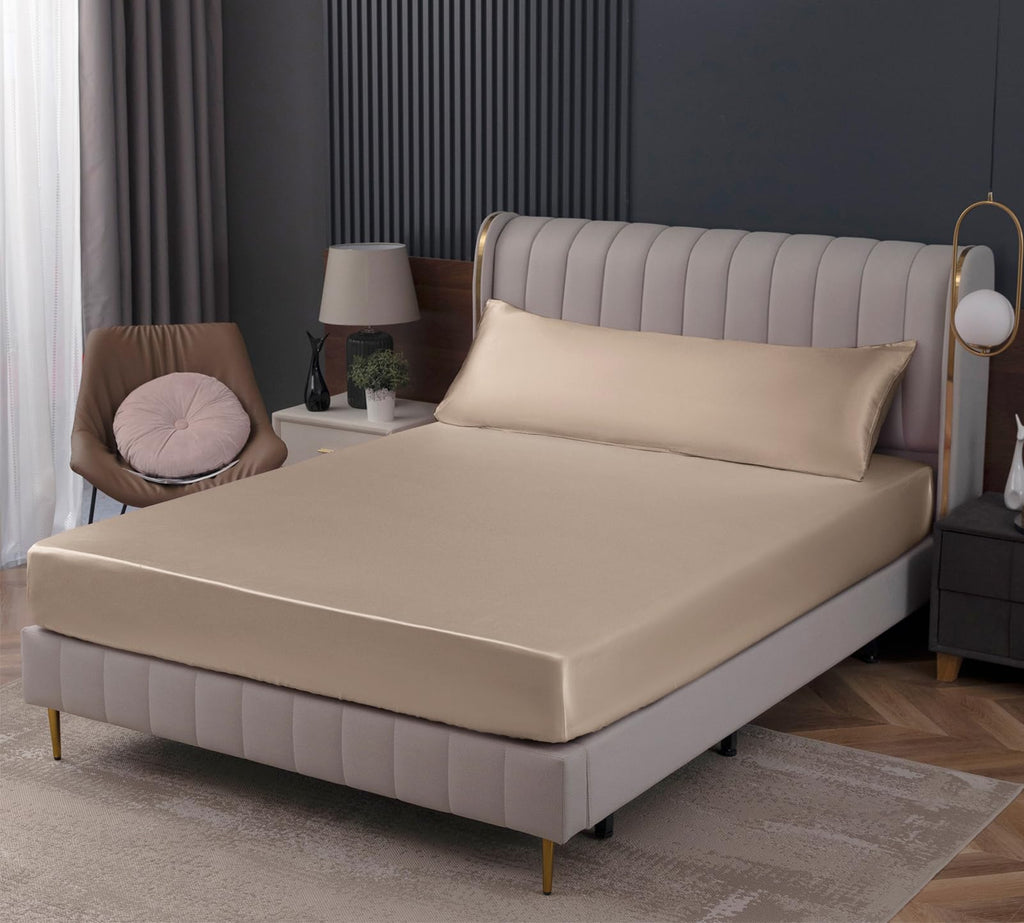 Homiest Taupe Satin Fitted Sheet Queen Size Fitted Bed Sheet, Deep Pocket Fitted Sheet Only, Luxury & Ultra Soft Bedding Fitted Sheet Single Bottom Bed Sheets Sold Separately