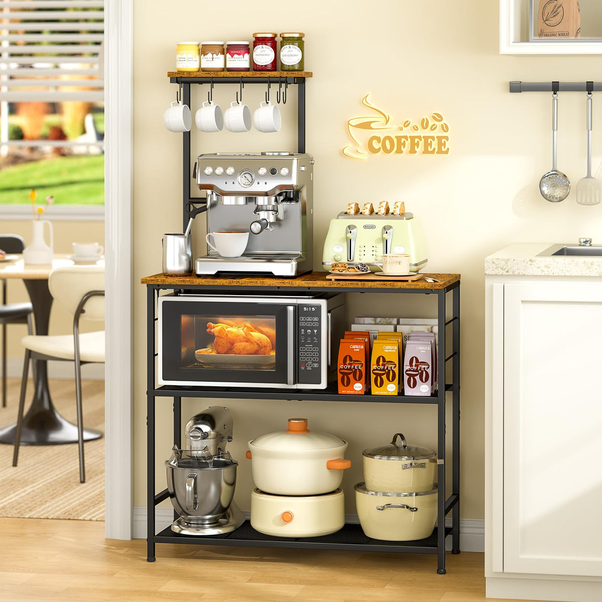3IngSeagulls Bakers Rack with Storage, Kitchen Microwave Stand with Adjustable shelf and 6 S Hooks, 4Tier Coffee Station Table,