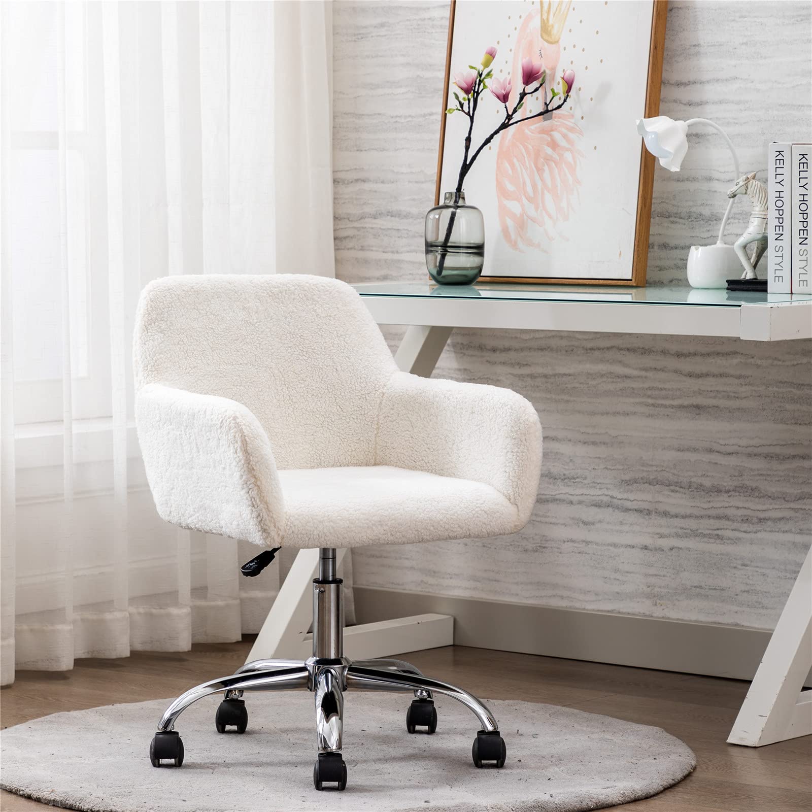 Modern Faux Fur Home Office Chair, Upholstered Elegant Makeup Vanity Chair for Teen Girls Swivel Desk Chair, Height Adjustable L