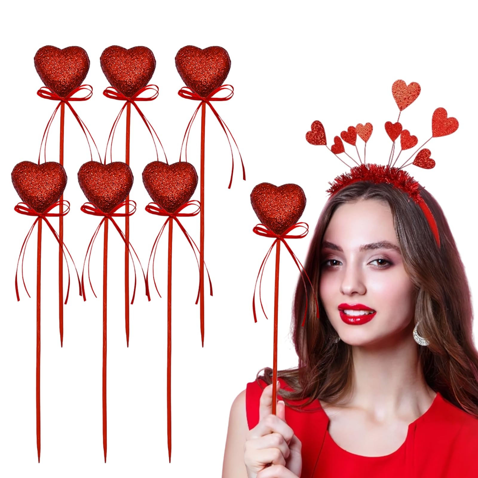 6 Pcs Valentine's Day Glitter Foam Heart Picks Photo Booth Props Puffy Red Sparkly Valentines Floral Sticks for Selfie Photoboot