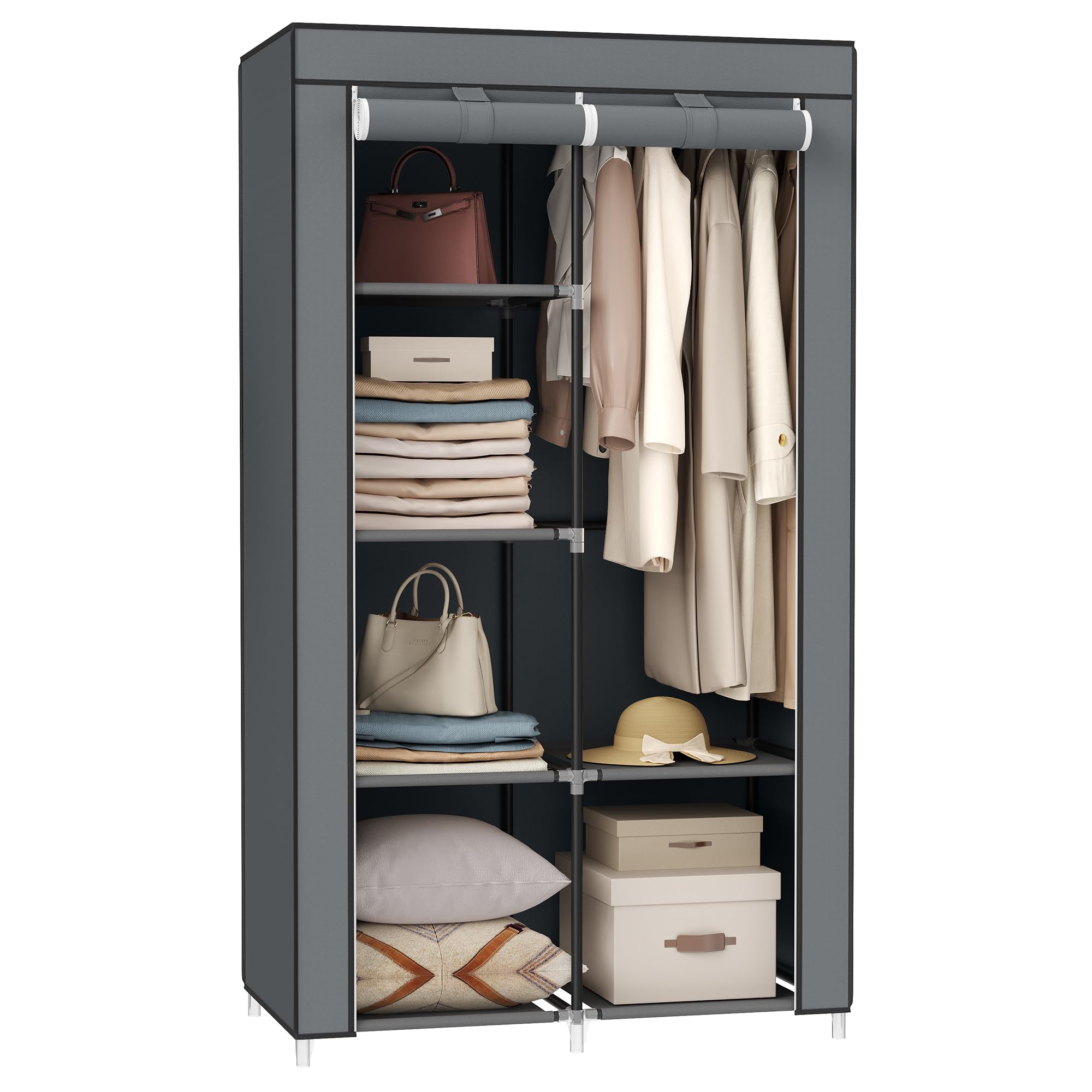 SONGMICS Portable Closet, Clothes Storage Organizer with 6 Shelves, 1 Clothes Hanging Rail, Non-Woven Fabric Closet, Metal Frame