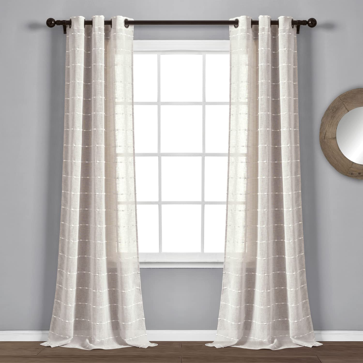 Lush Decor Farmhouse Textured Grommet Sheer Window Curtain Panel Pair, 38'W X 108'L, Beige