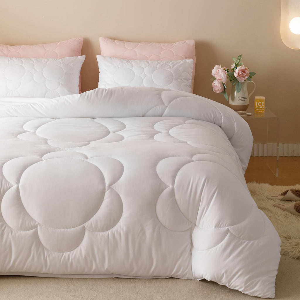 Luxlovery White Sunflower Comforter Set Queen Plain White Boho Farmhouse Quilts Floral White Bedding Comforter Set Soft Breathab