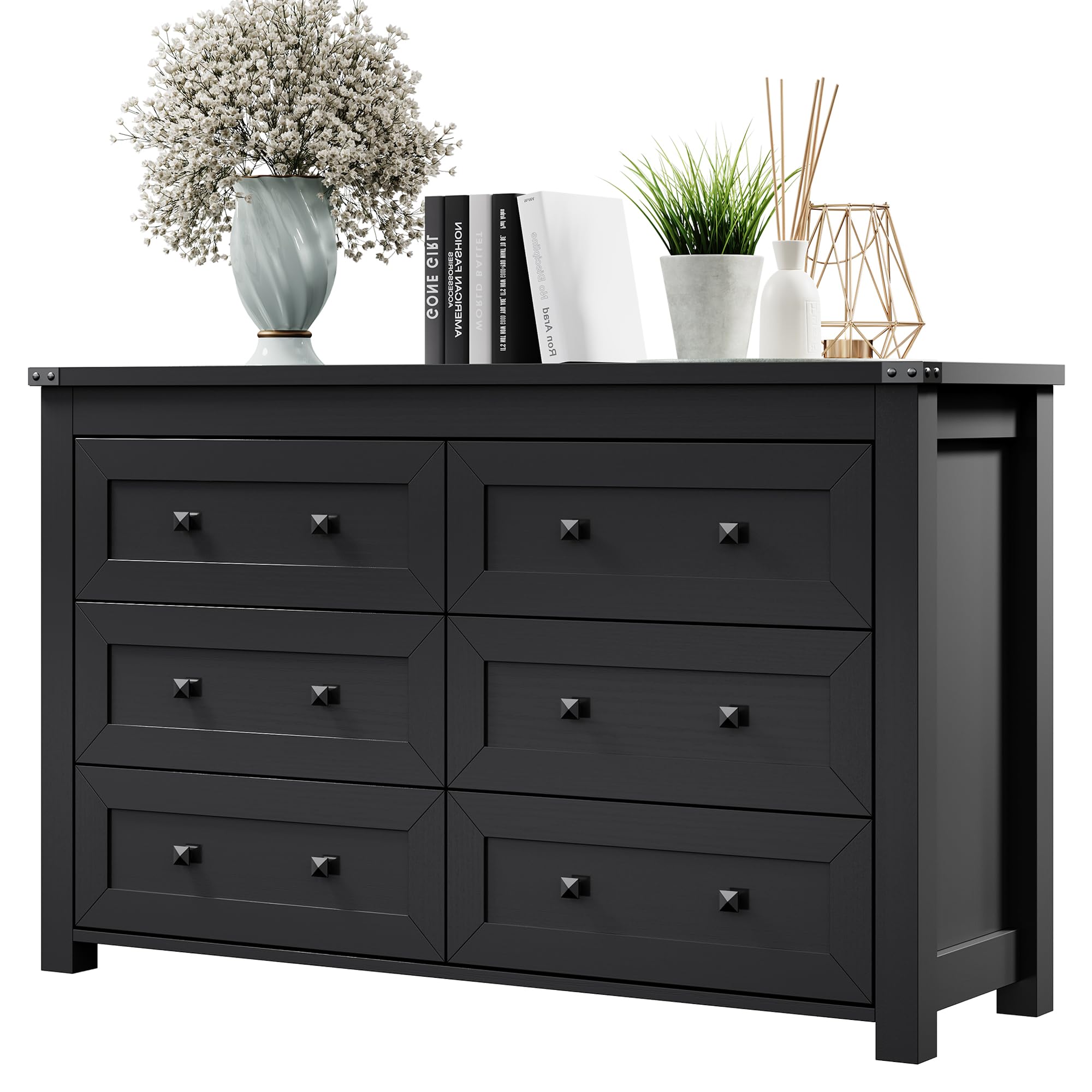 Dresser for Bedroom with 6 Drawers, Farmhouse Wood Chest of Drawers, Wide TV Stand Closet Storage Furniture with Metal Handle, M