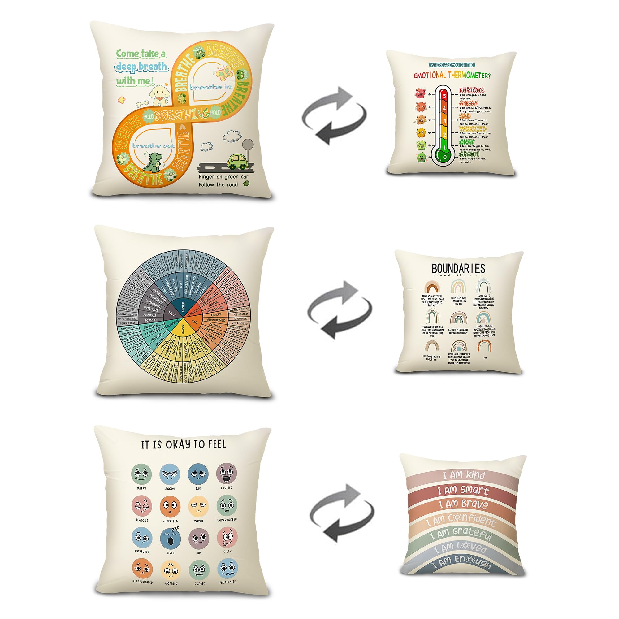 Ainrvteers Feelings Wheel Pillow Double-Sided Printed with Different Patterns of Feelings Wheel Pillowcase, Reading Corner Decor