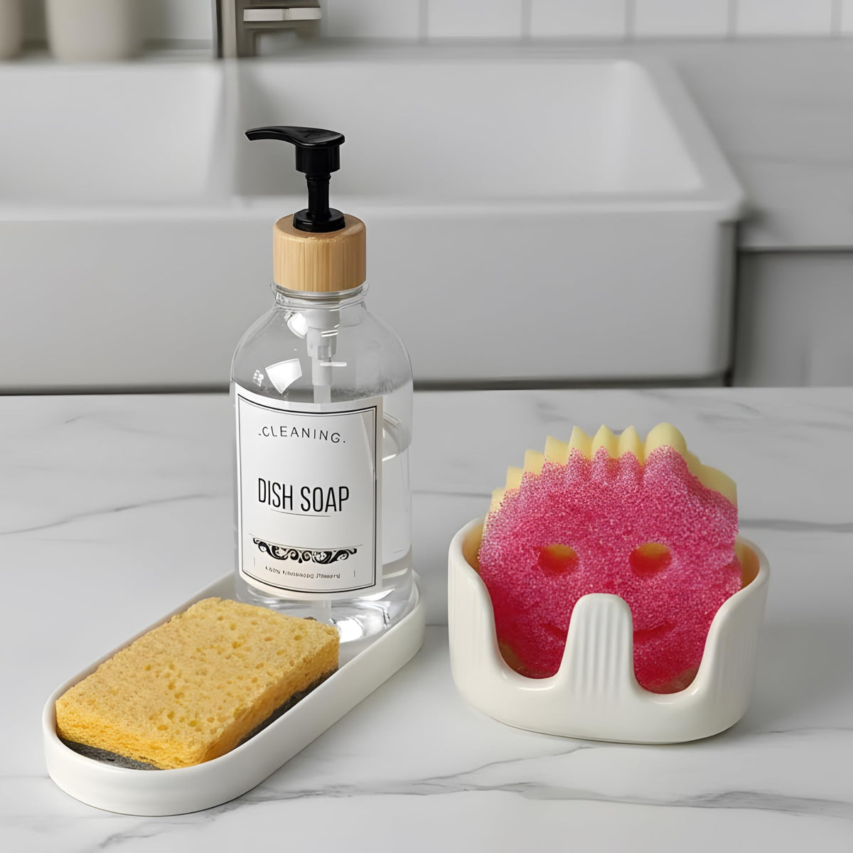 Ceramic Double Sponge Holder with Soap Tray, 2Slot Countertop Sink Organizer, Modern White Kitchen Sponge & Dish Soap Holder, R
