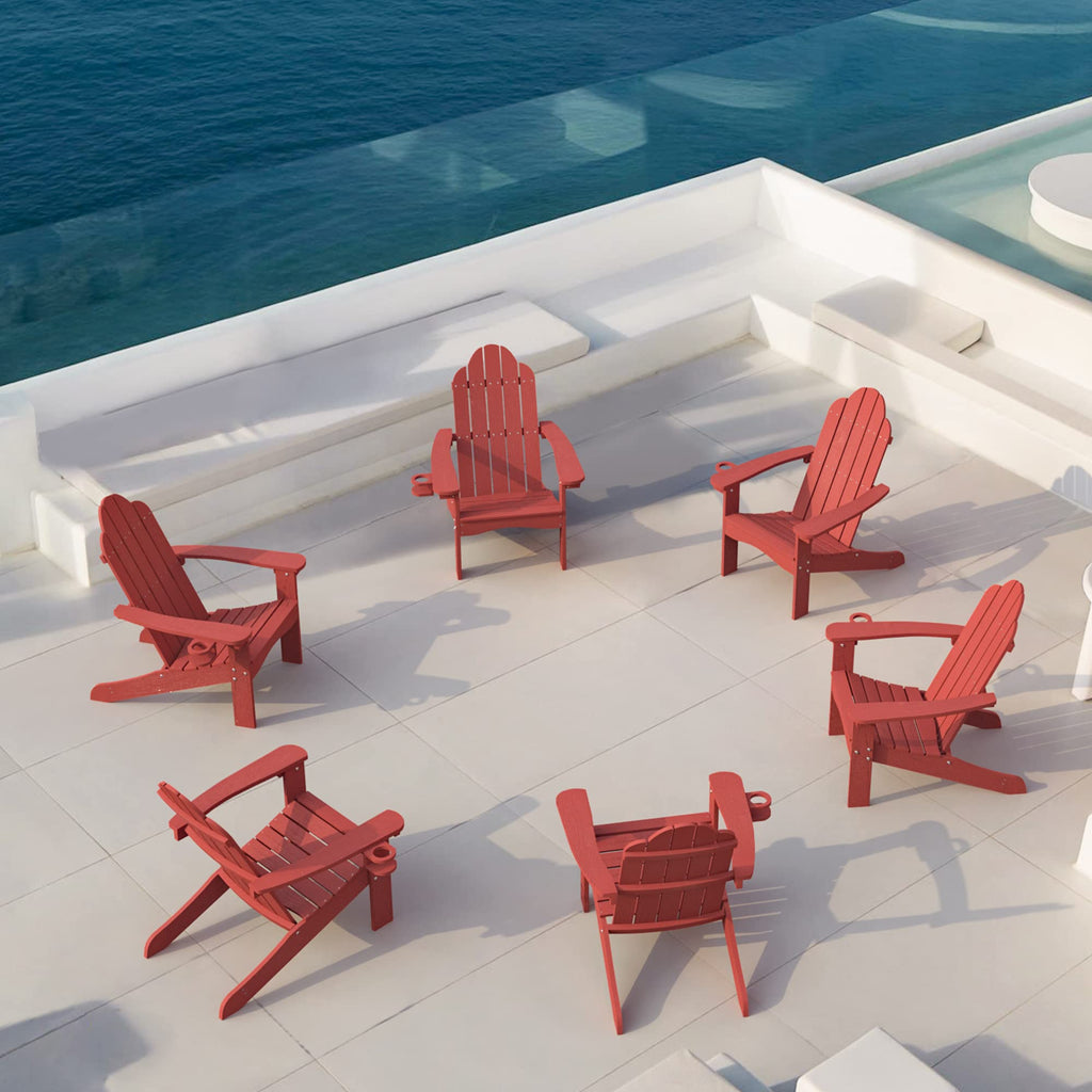 Lue Bona Hdps Adirondack Chairs Set Of 6, Fire Pit Outdoor Chair Weather Resistant With Cup Holder, Modern Plastic Chair Plastic For Patio, Deck, Proch, 350Lbs, Red