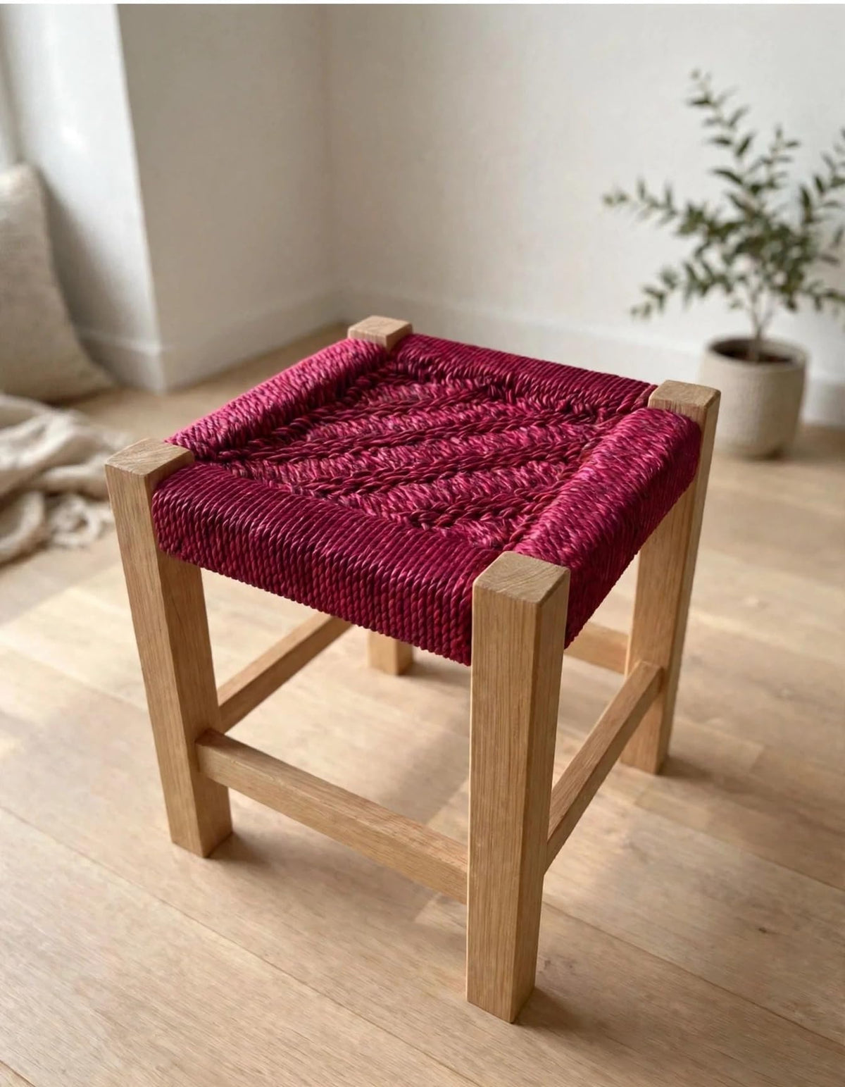 Shailwood Handwoven Wooden Stool With Woven Rope Seat, Hot Pink